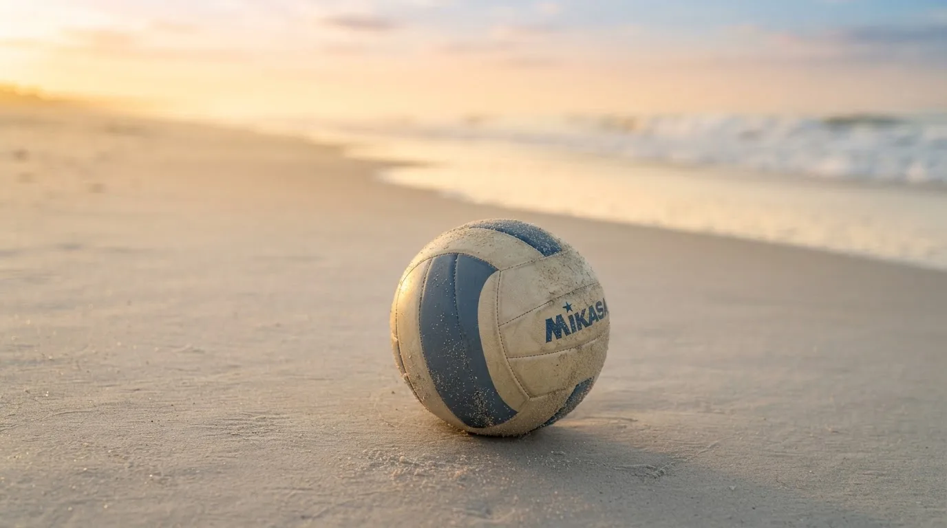 Ein Volleyball liegt auf feinem Sand an einem leeren Strand bei Sonnenaufgang.