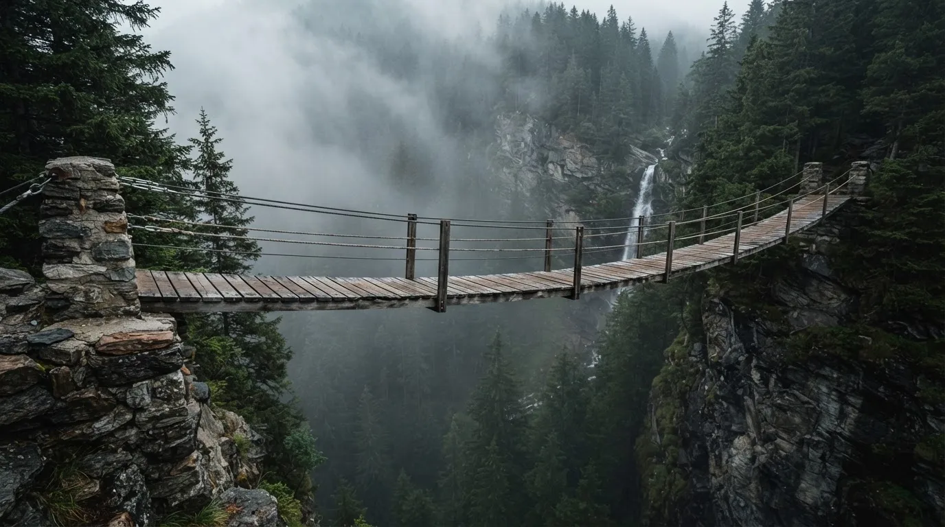 Eine Hängebrücke über eine tiefe Schlucht, aus dem Wald darunter steigt Nebel auf.