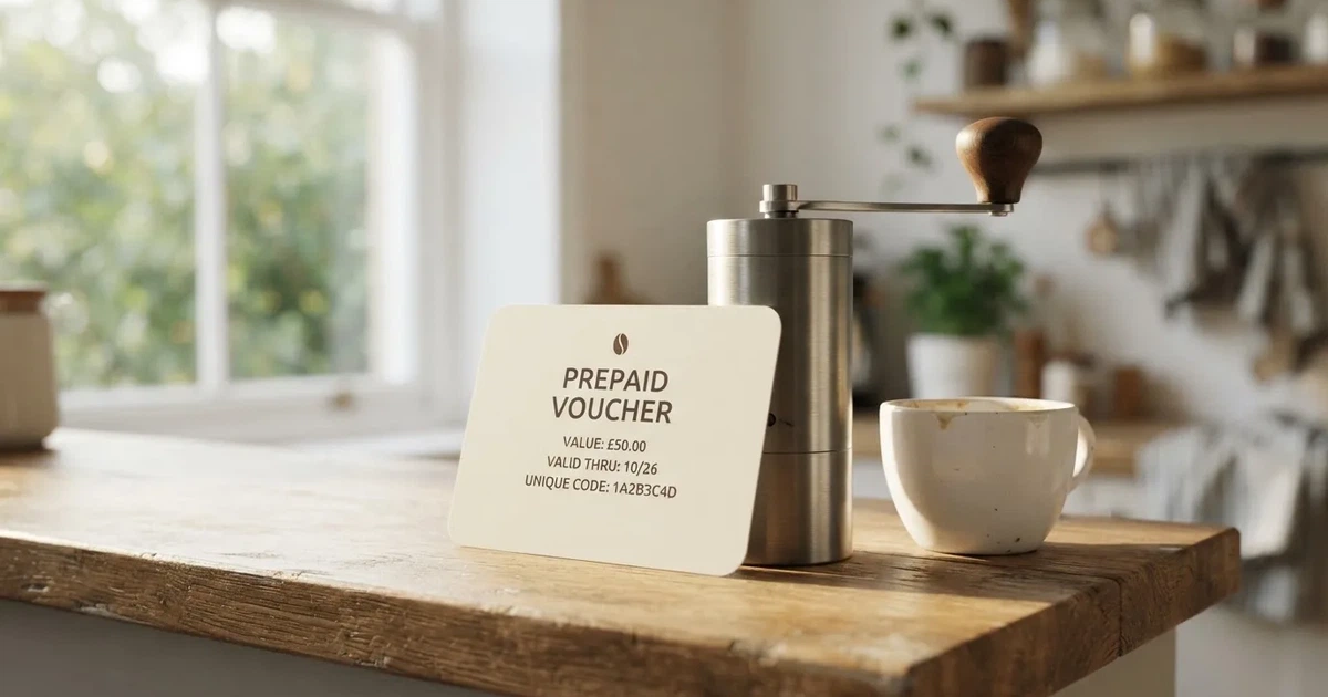 Eine leere cremefarbene Karte lehnt an einer Kaffeemühle auf einer Küchenablage.