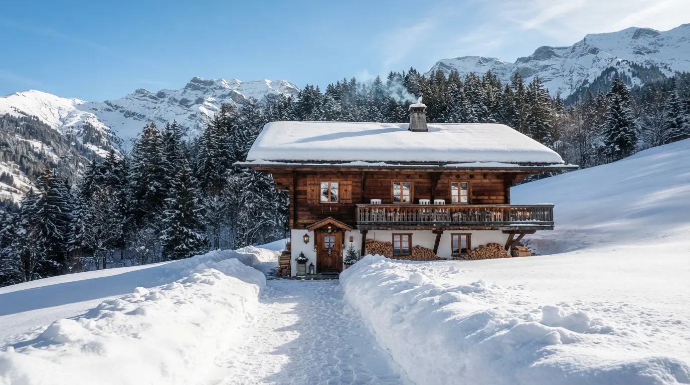 Ein Holzchalet mit Schnee auf dem Dach im klaren Sonnenlicht, davor ein geräumter Weg.