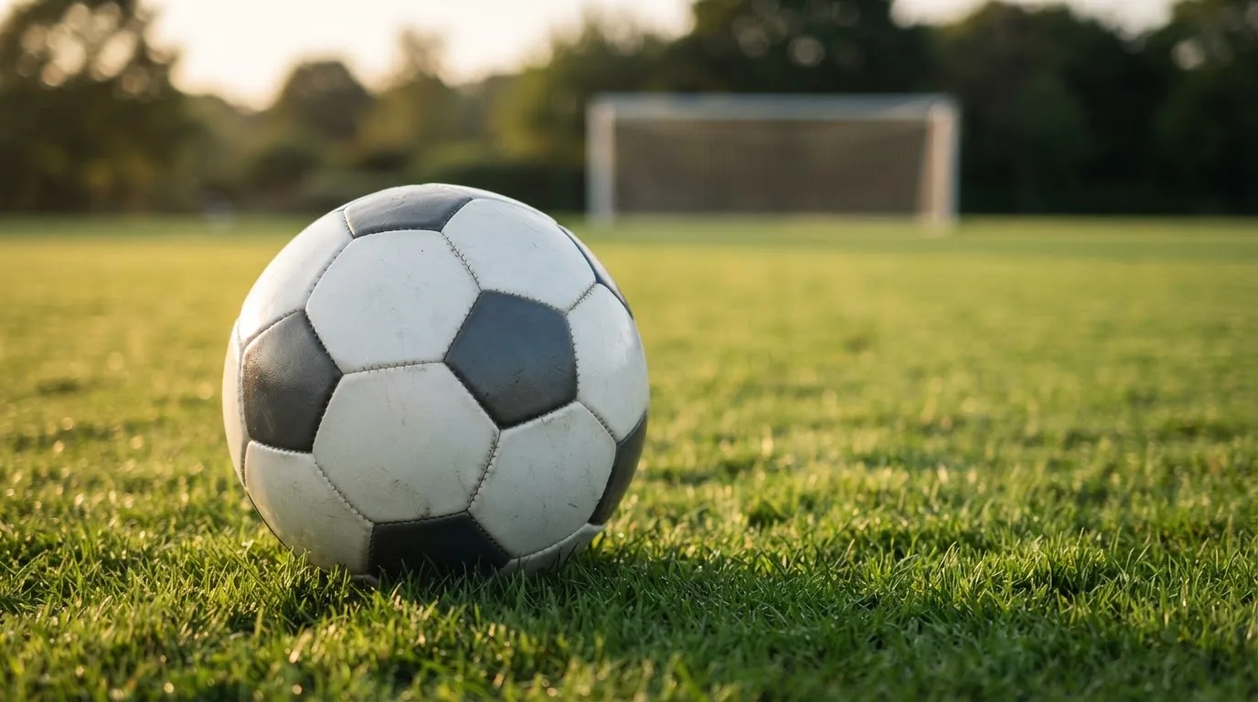 Ein Fussball auf dem Rasen aus niedriger Perspektive aufgenommen, die Torpfosten verschwimmen im Hintergrund.