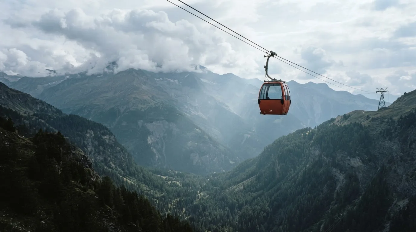 Eine Gondel einer Seilbahn schwebt über einem Tal mit Nadelwald, dahinter ziehen Wolken auf.