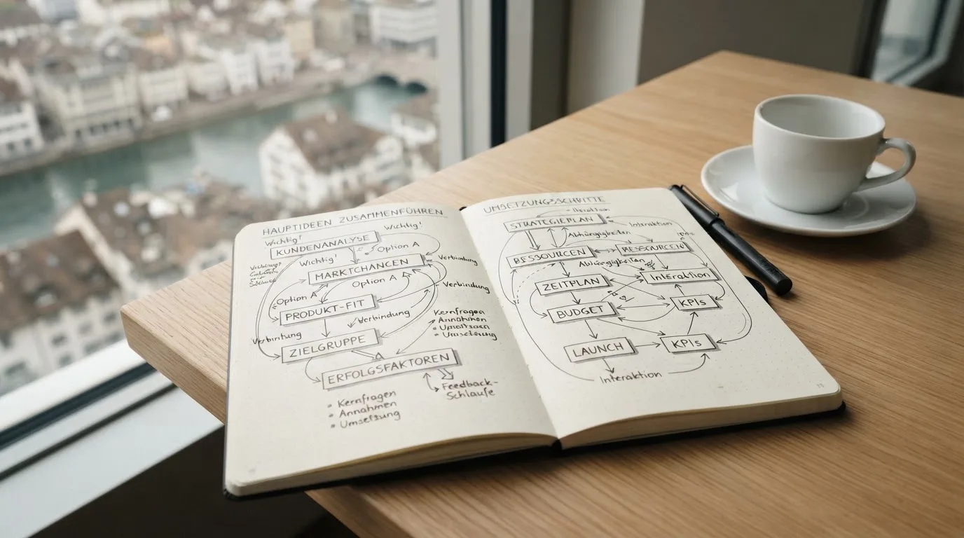 Ein aufgeschlagenes Notizbuch mit handschriftlichen Pfeilen und Kästchen liegt neben einer Kaffeetasse auf einem Schreibtisch am Fenster.