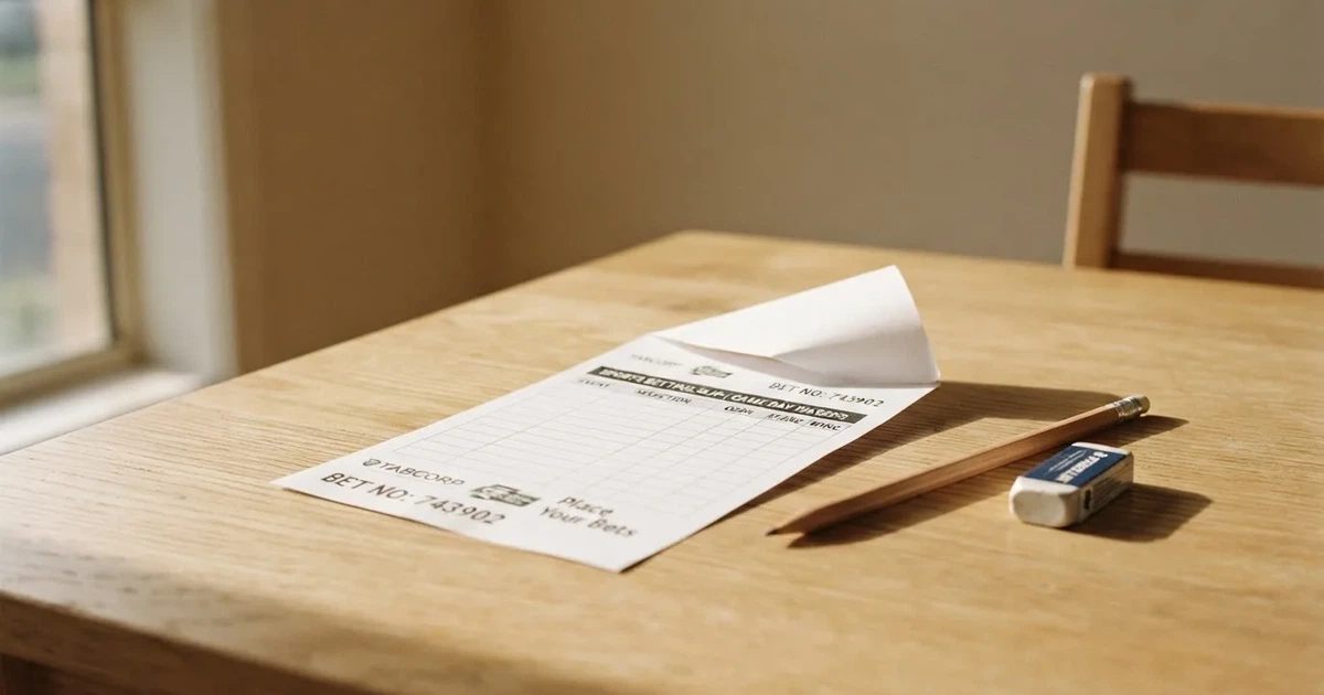Ein leerer Wettschein aus Papier liegt neben einem Bleistift und einem Radiergummi auf einem hellen Holztisch im Tageslicht.