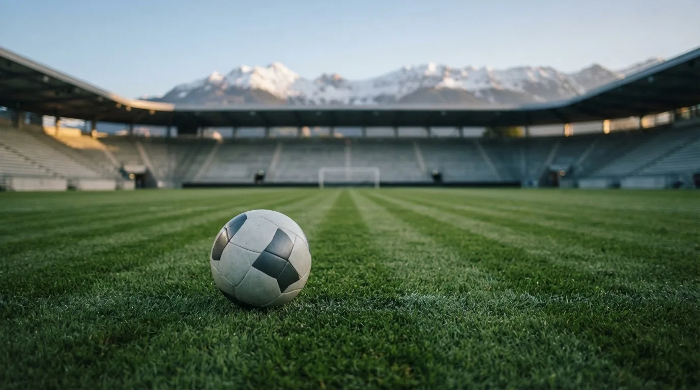 Ein Fussball liegt auf dem Rasen eines leeren Stadions am frühen Abend, dahinter erheben sich schneebedeckte Berge unter klarem Himmel.