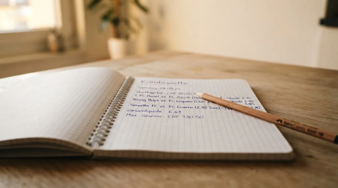Ein leeres kariertes Heft und ein Bleistift liegen auf einem Küchentisch im warmen Licht des späten Nachmittags.