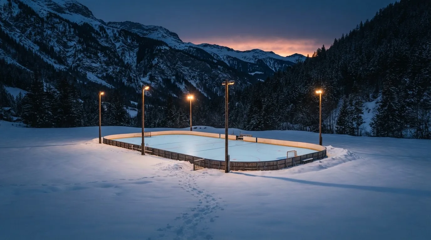 Aus der Ferne ist eine Eisbahn unter Flutlicht in der Winterdämmerung zu sehen, am Rand liegt frischer Schnee.