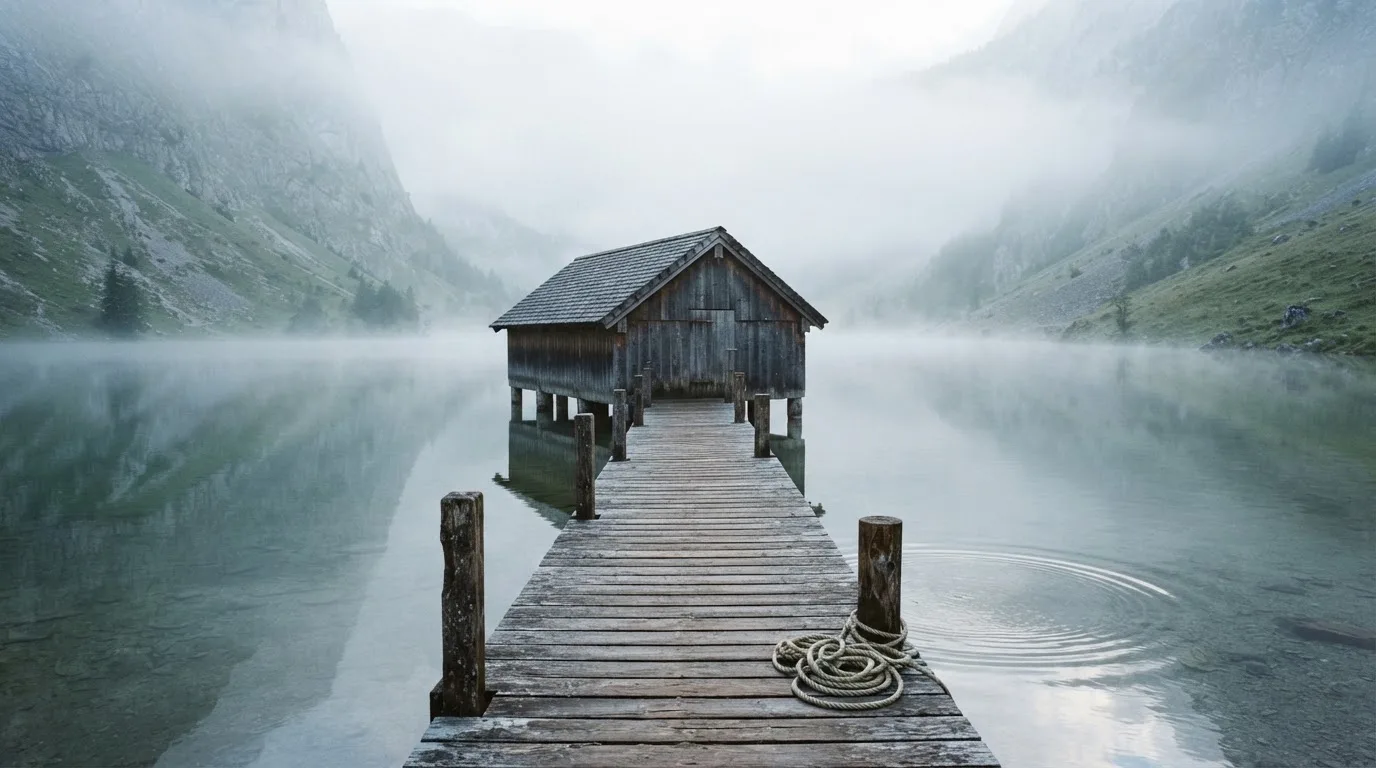 Ein Holzsteg führt über einen ruhigen Bergsee zu einem kleinen Bootshaus, über dem Wasser hängt Morgennebel.