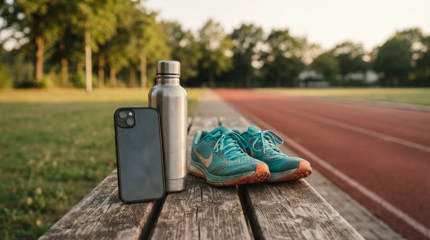 Ein Smartphone mit dunklem Bildschirm lehnt an einer Wasserflasche, daneben stehen Laufschuhe auf einer Bank am Sportplatz.