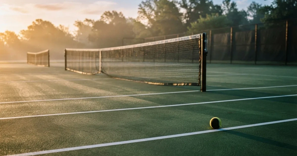 Ein Tennisplatz im ersten Morgenlicht, das Netz hängt leicht durch und auf der Grundlinie liegt ein einzelner Ball.