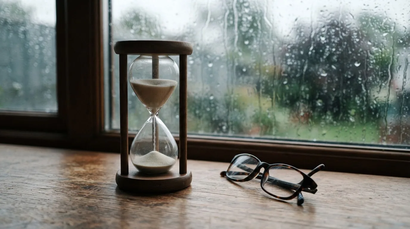 Eine Sanduhr steht auf einem Holztisch neben einer Brille, hinter dem Fenster laufen Regentropfen über das Glas.