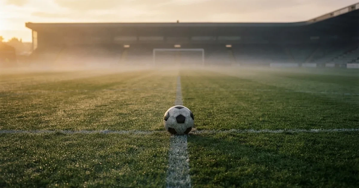 Ein Fussballplatz im Morgennebel, im Mittelkreis liegt ein einzelner Ball und der Rasen glänzt vom Tau.
