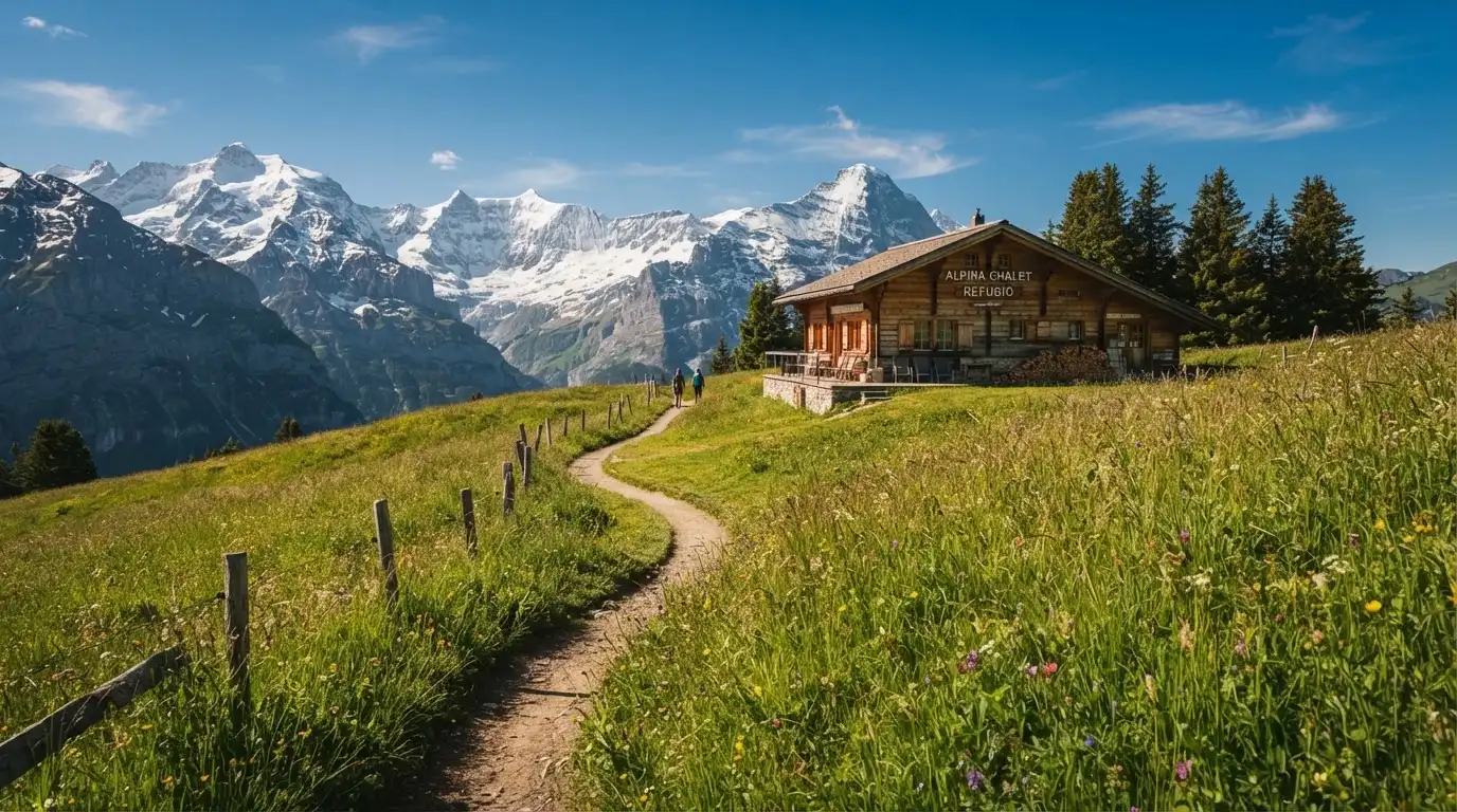 Ein Wanderweg führt über eine Alpwiese zu einem Holzchalet, dahinter ragen verschneite Gipfel in den Himmel.