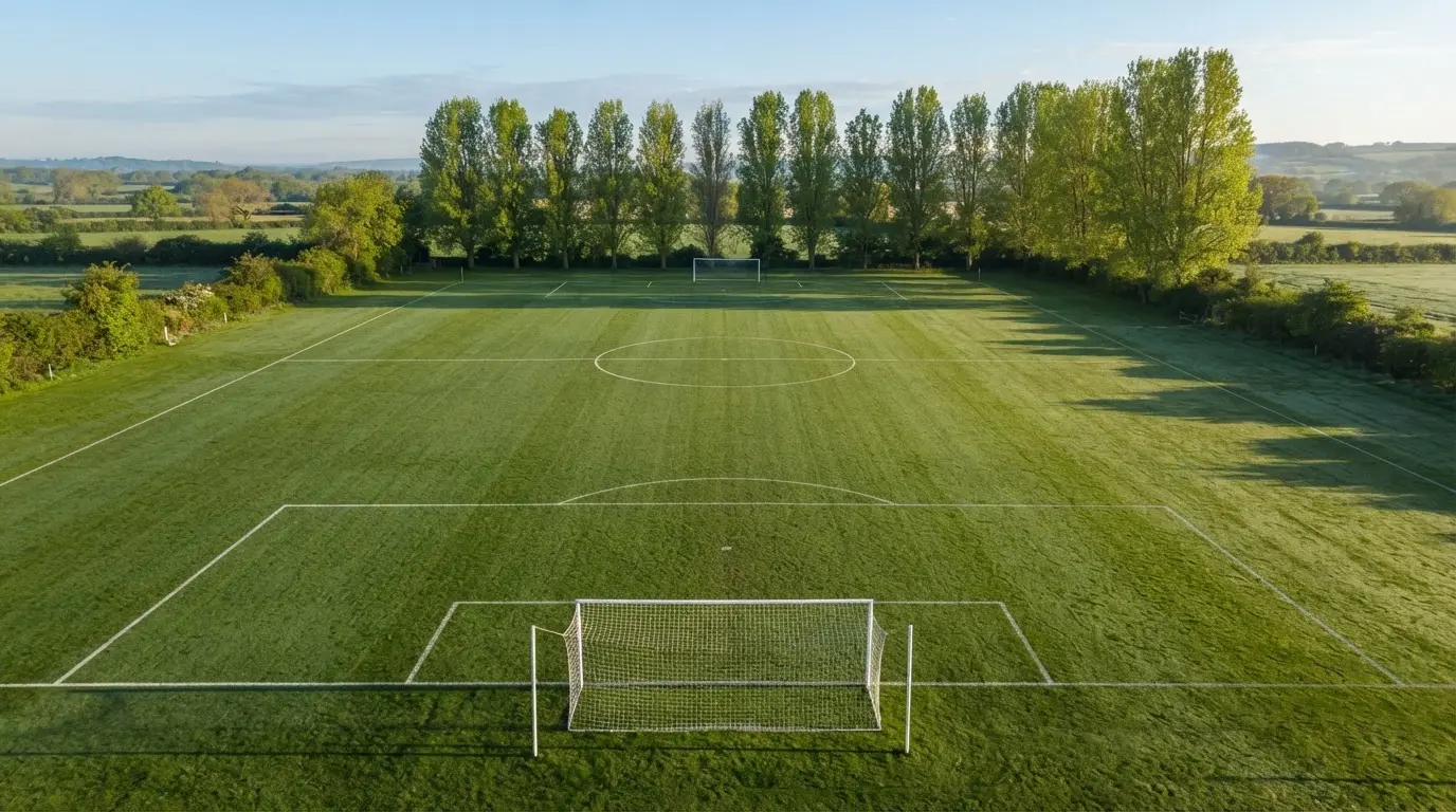 Ein leerer Fussballplatz mit weissen Linien von oben gesehen im Morgenlicht, am Rand stehen zwei Tore und eine Reihe Pappeln.
