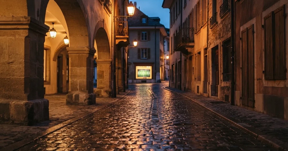 Eine menschenleere Altstadtgasse mit steinernen Laubengängen im Abendlicht, die Laternen brennen schon und das Pflaster glänzt feucht.