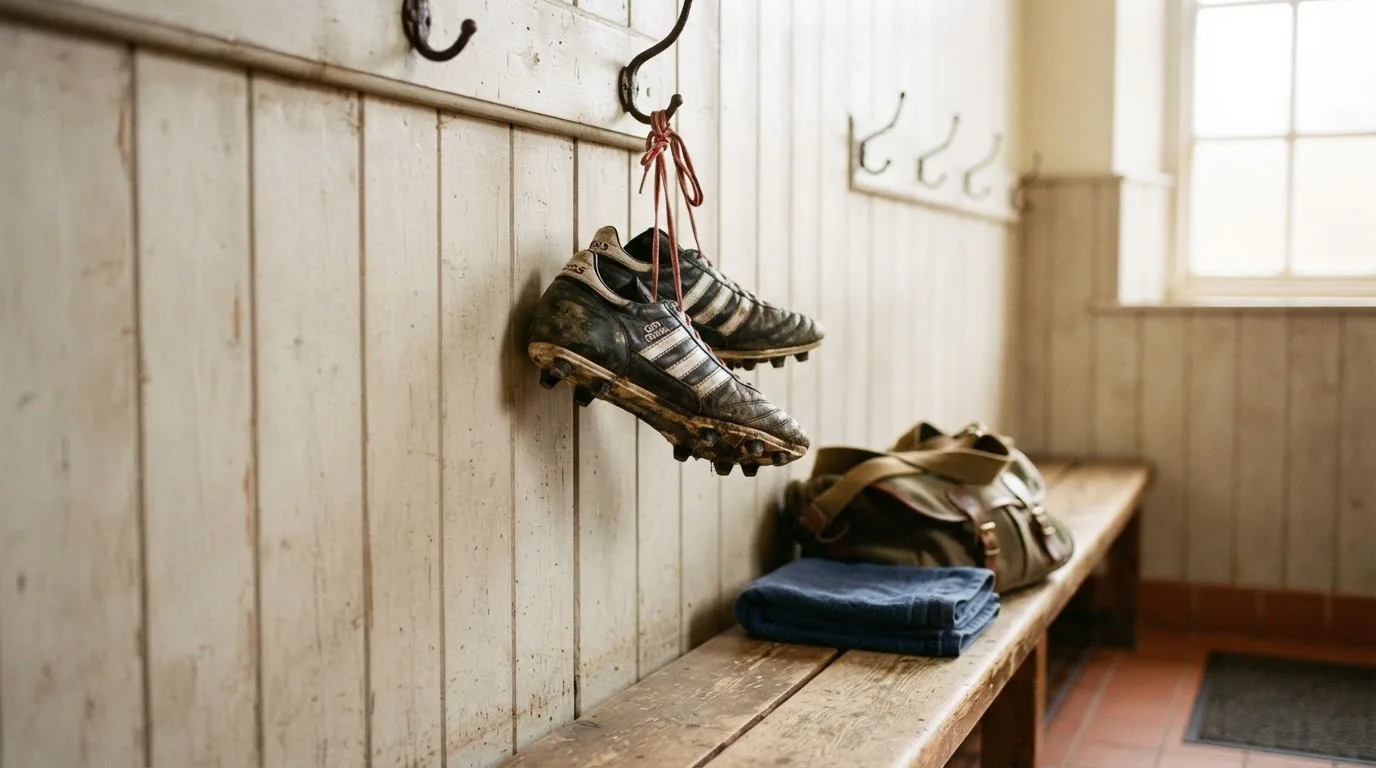 Ein Paar Fussballschuhe hängt an einem Haken in einer ruhigen Umkleide, darunter steht eine Sporttasche auf einer Holzbank.