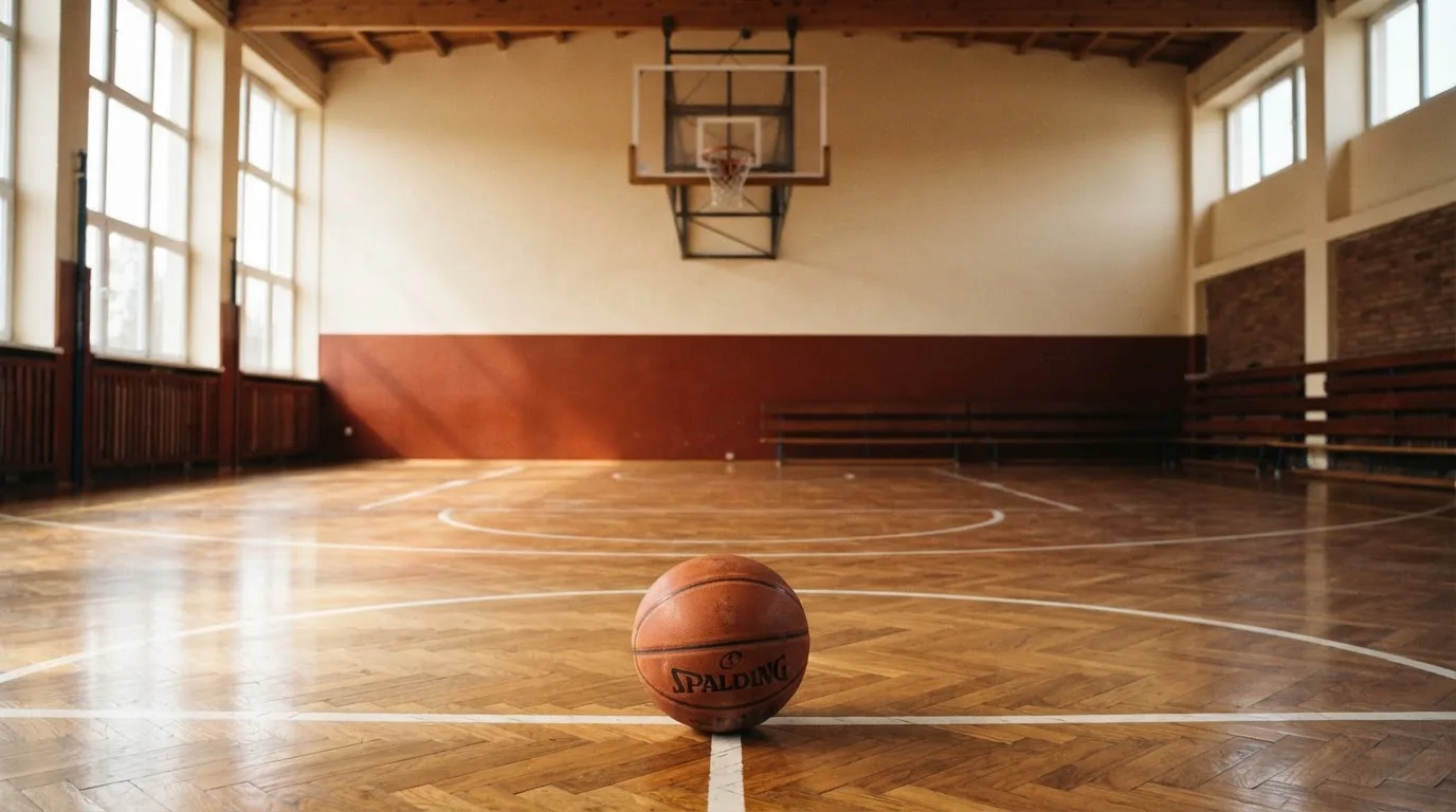 Ein Basketball liegt unter dem Korb in einer leeren Sporthalle, durch hohe Fenster fällt Tageslicht auf das Parkett.