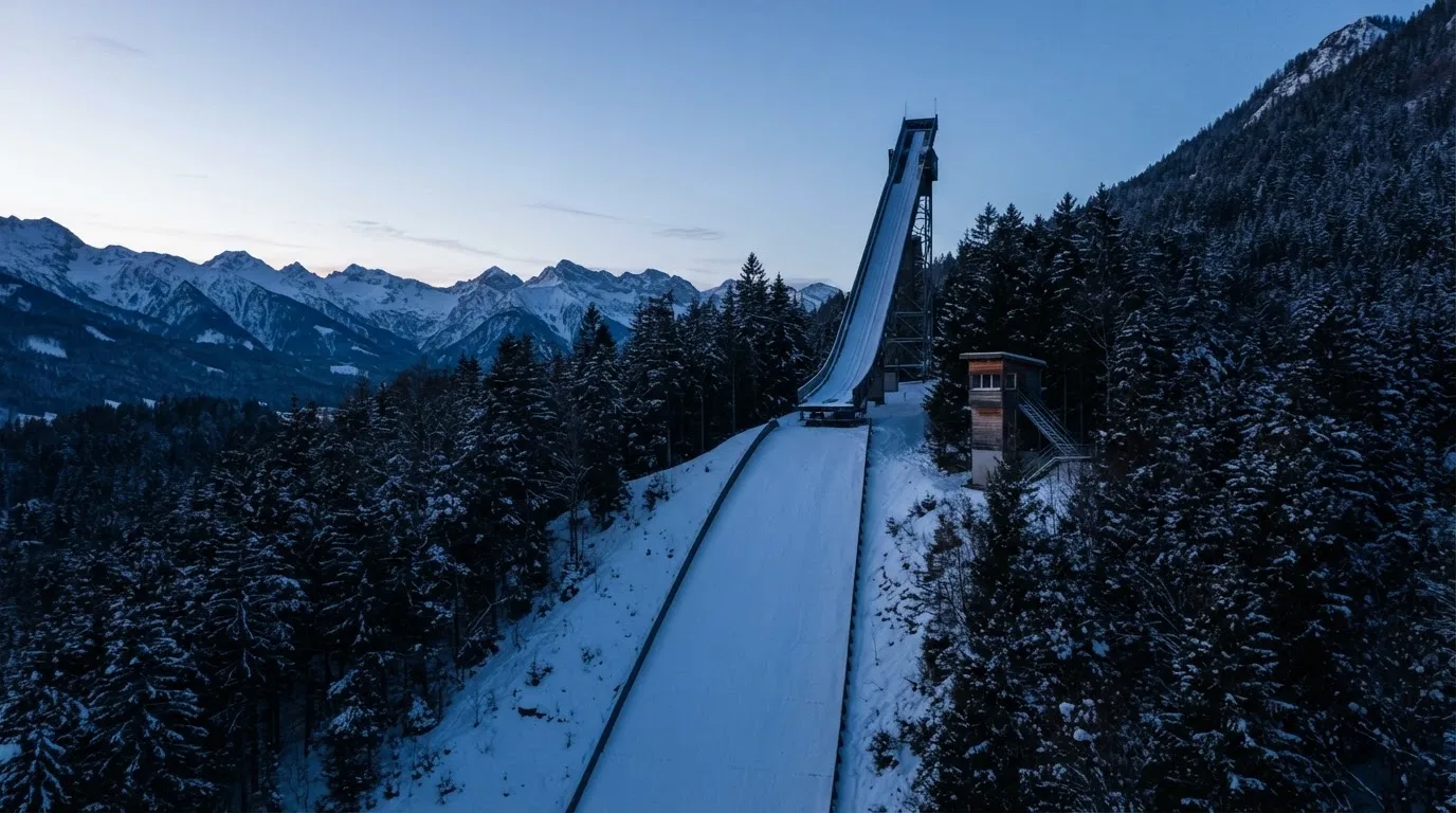 Eine Skisprungschanze ragt in der Dämmerung über einen Wald in den Alpen, der Auslauf liegt verschneit und leer da.