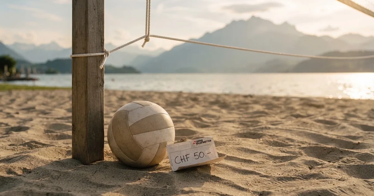 Ein Volleyball liegt am Fuss des Netzes auf Sand, im Hintergrund glitzert ein See und ein Bergzug steht im Dunst.