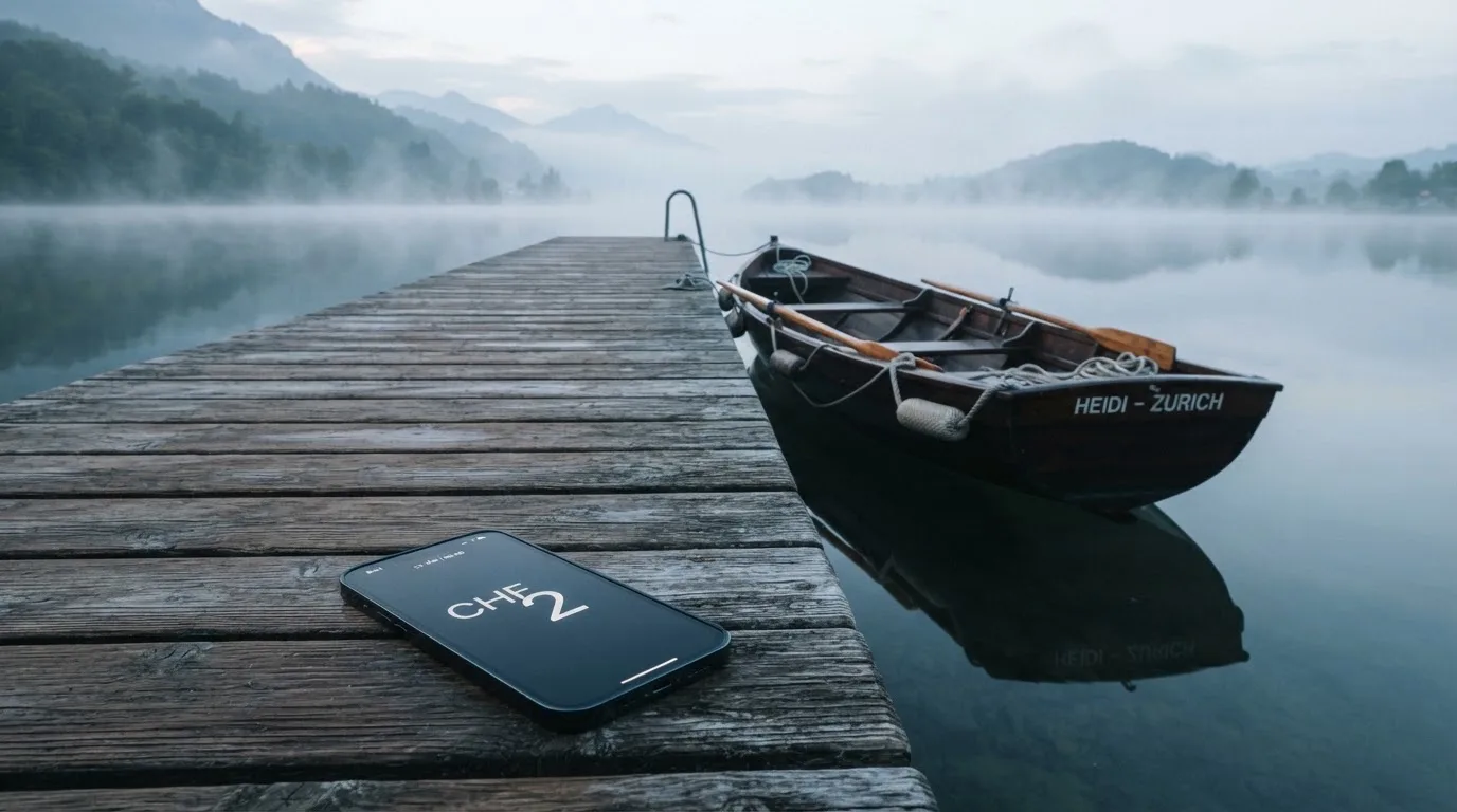 Ein Ruderboot liegt an einem Steg am Ufer eines Sees, über dem Wasser steigt dünner Nebel auf.