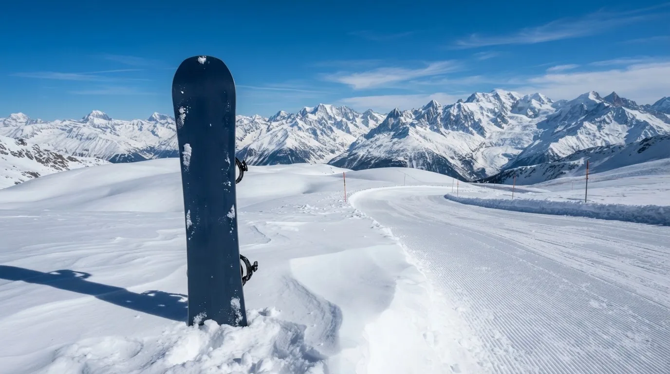 Ein Snowboard steckt aufrecht im Schnee am Rand einer Piste, dahinter spannt sich klarer Himmel über verschneiten Gipfeln.