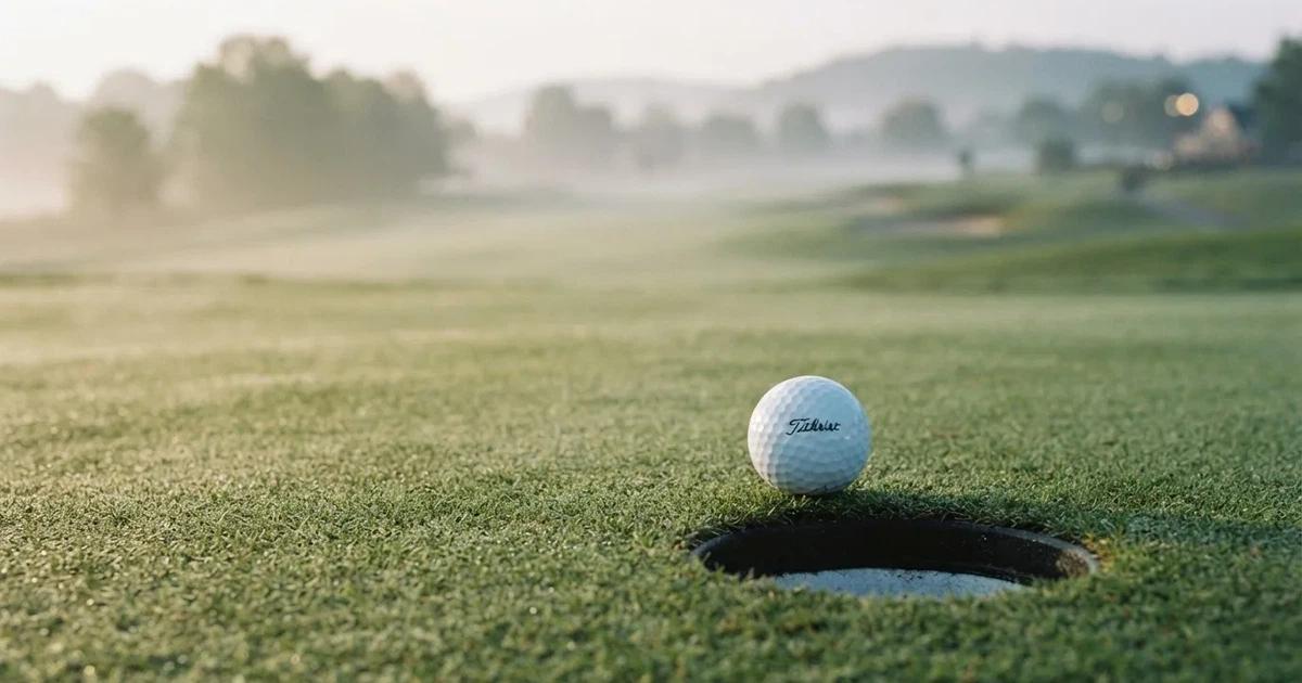 Ein Golfball liegt auf dem Grün nahe beim Loch, dahinter erstrecken sich sanfte Hügel im Nebel.