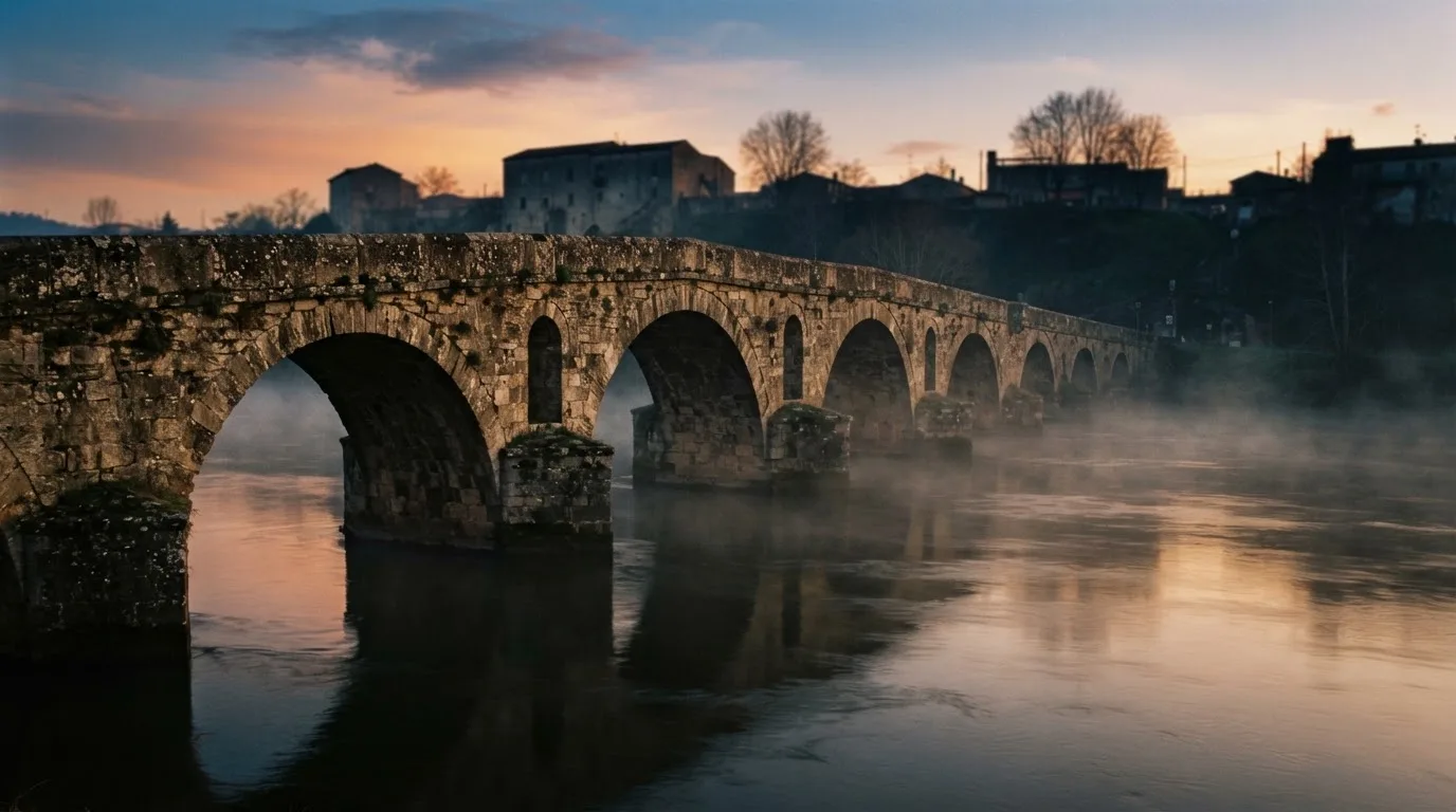 Eine Steinbrücke spannt sich in der Dämmerung über einen Fluss, auf dem Wasser liegt leichter Nebel.