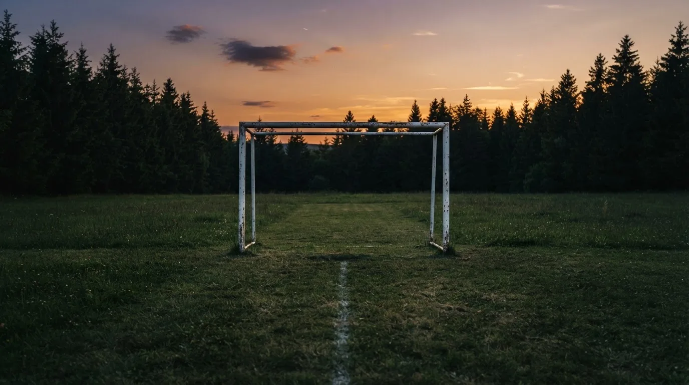 Ein Fussballtor ohne Netz steht auf einer Wiese am Waldrand, die Abenddämmerung färbt den Himmel orange.