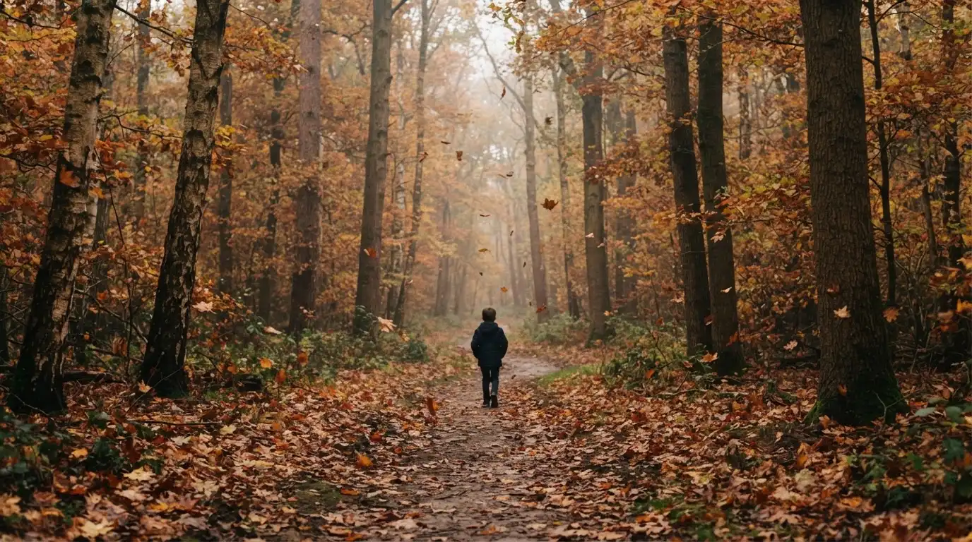 Ein Waldweg im Herbst mit buntem Laub, in der Ferne geht eine einzelne kleine Gestalt zwischen den Bäumen.