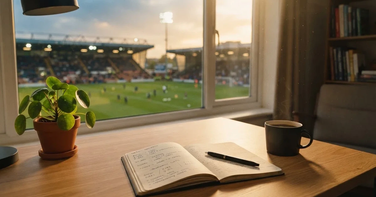 Ein aufgeräumter Schreibtisch mit Pflanze und Tasse in einem Heimbüro, vor dem Fenster liegt ein Fussballplatz im Gegenlicht.