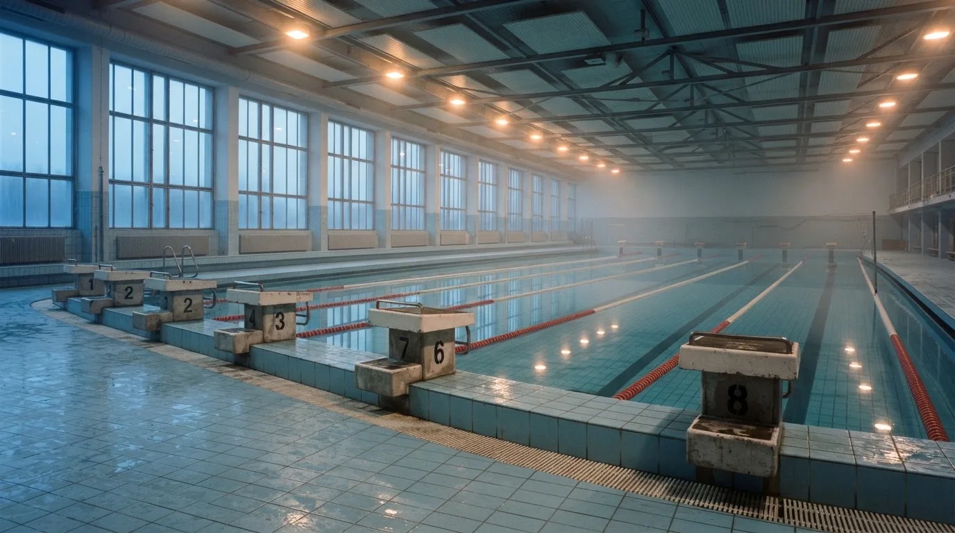 Ein leeres Schwimmbecken mit Startblöcken am Morgen, die Wasseroberfläche ist ruhig und spiegelt die Deckenlampen.