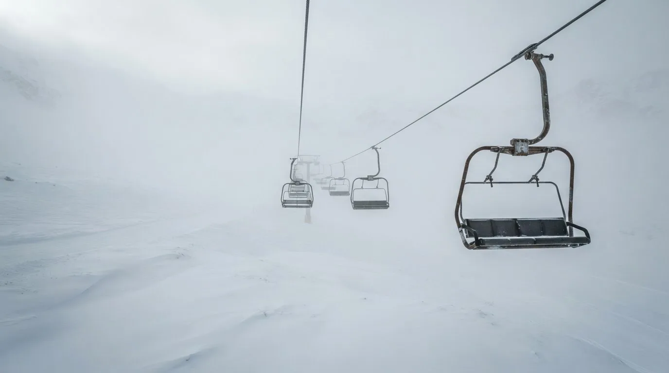 Ein Sessellift fährt leer durch dichten Nebel über eine winterliche Alp, unter ihm liegt unberührter Schnee.