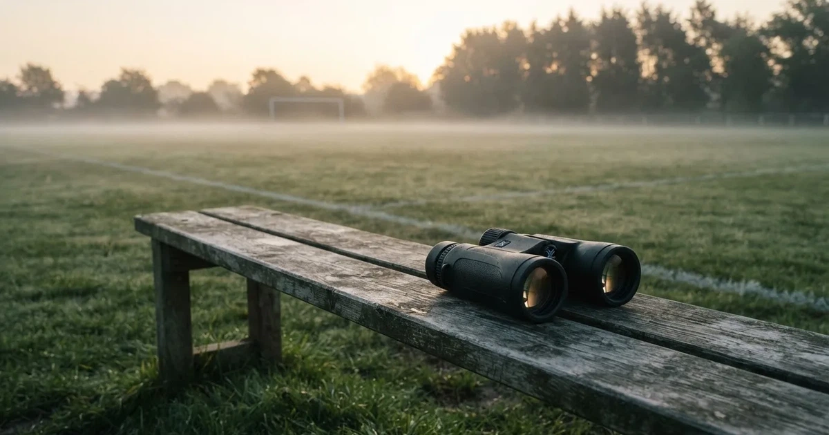 Ein Fernglas liegt auf einer leeren Holzbank an der Seitenlinie eines Fussballfelds, vom Rasen steigt Nebel auf.