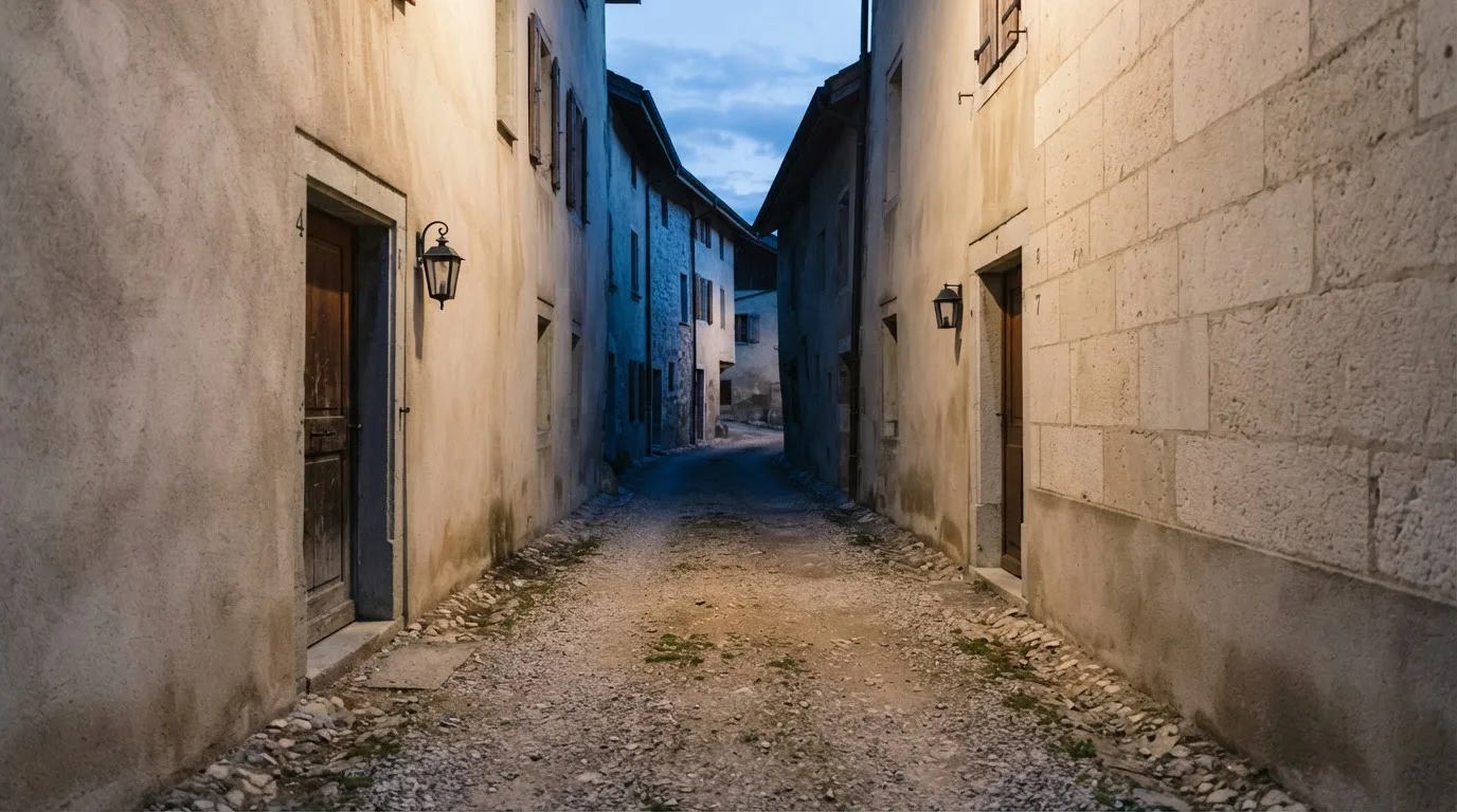 Ein schmaler Kiesweg führt zwischen zwei hellen Mauern durch eine Schweizer Altstadt, die Laternen sind noch nicht angezündet.