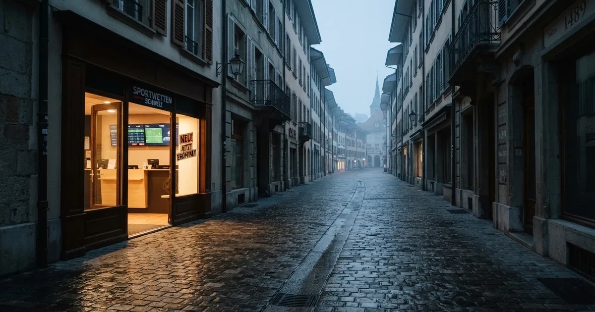 Eine Fussgängerstrasse in einer Schweizer Altstadt am frühen Morgen, nasses Kopfsteinpflaster und ein leeres Ladenlokal mit hellem Innenraum.