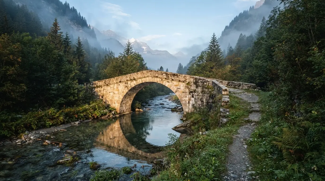 Eine Steinbogenbrücke überspannt einen Bergbach in den Alpen im Morgenlicht, an den Hängen stehen dunkle Nadelbäume.