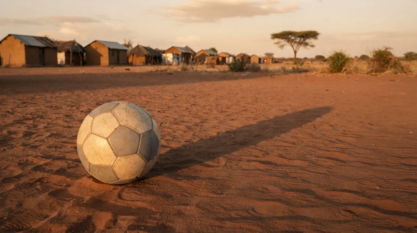 Ein Fussball liegt auf rotbraunem Sand am Rand eines Dorfes, die Abendsonne wirft lange Schatten.