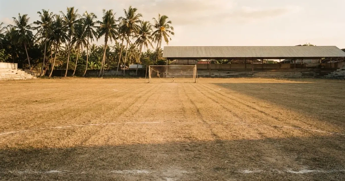 Ein ausgetrockneter Fussballplatz mit Rasenstreifen im warmen Nachmittagslicht, im Hintergrund Palmen und ein flaches Stadiondach.
