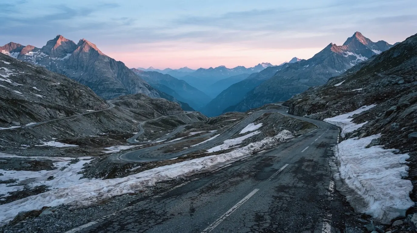 Ein Bergpass in den Schweizer Alpen mit leerer Strasse und Schneeresten am Rand im ersten Frühlicht.