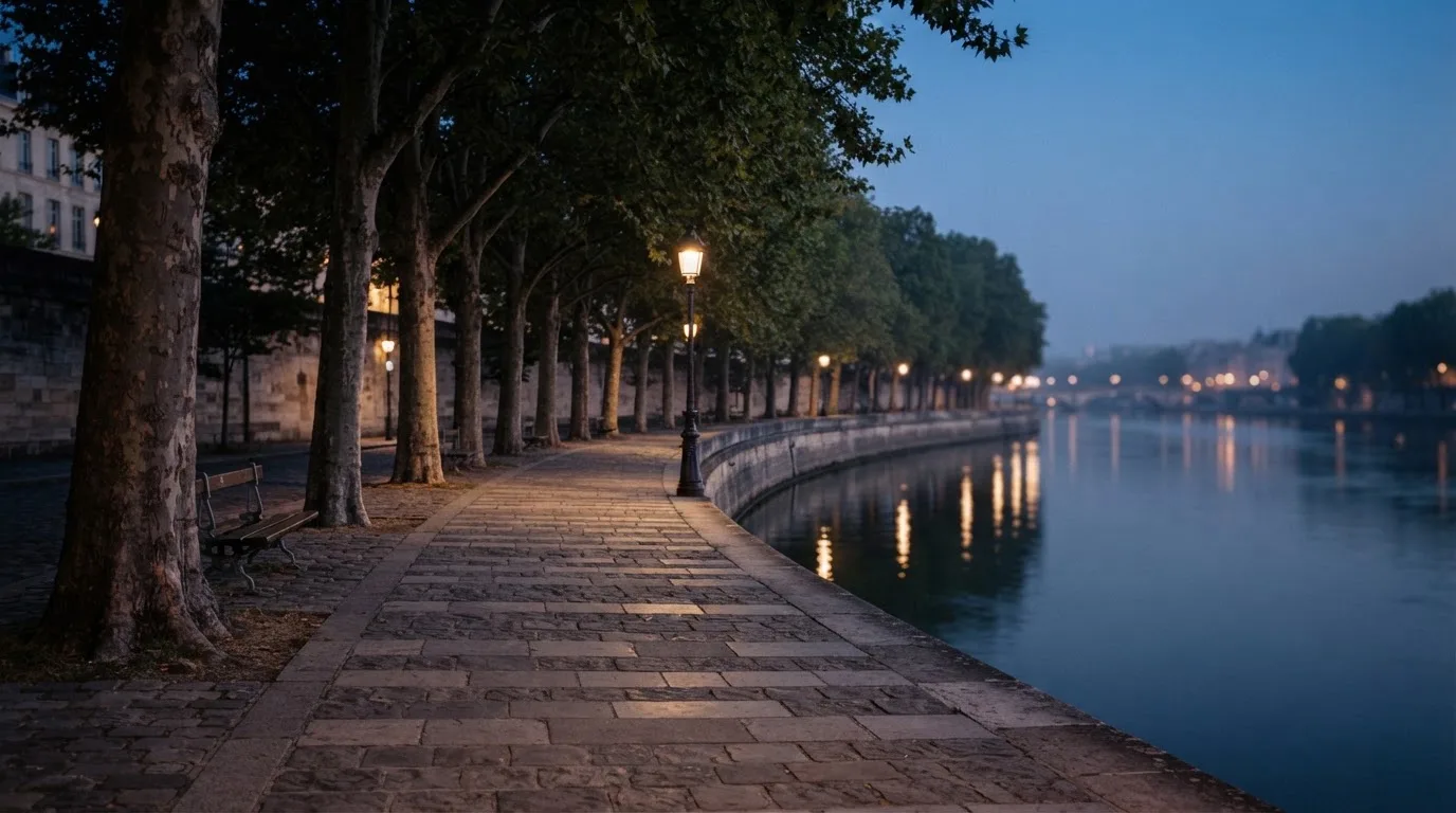 Eine Rheinpromenade mit hohen Bäumen am Abend, das Wasser spiegelt das Licht der ersten Laternen.