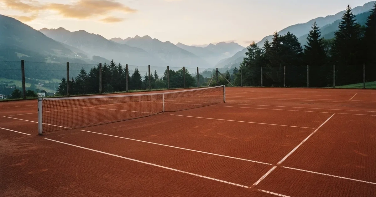 Ein Sandplatz im ersten Morgenlicht, die Linien sind frisch gezogen, das Netz bewegt sich leicht im Wind, Berge im Dunst.