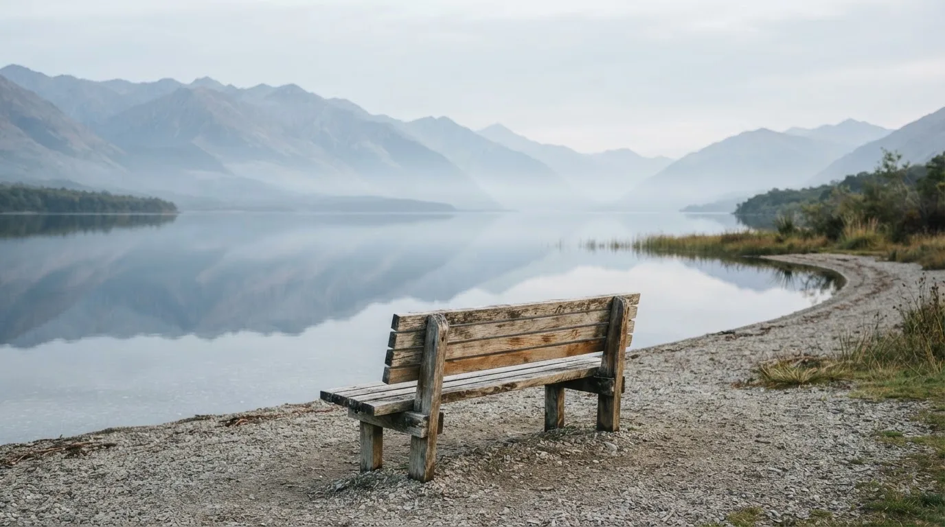Eine Holzbank an einem Seeufer mit Blick auf eine Bergkette im Morgendunst, das Wasser ist spiegelglatt.