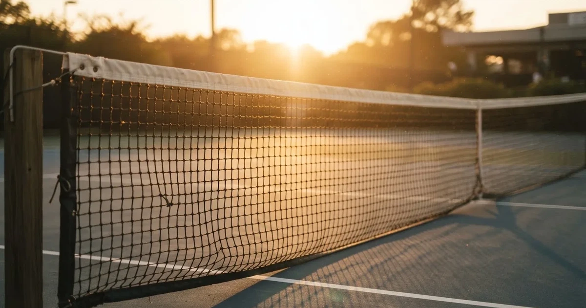 Ein Tennisnetz in Nahaufnahme im Gegenlicht der tiefstehenden Sonne, feine Staubkörner schweben über dem Platz.