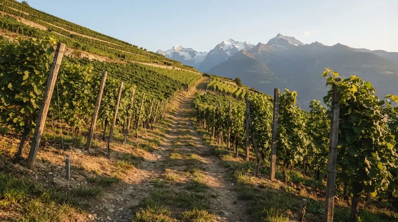 Ein Feldweg zwischen Weinreben im Wallis bei Sonnenaufgang, im Hintergrund hohe Berge und klare Luft.