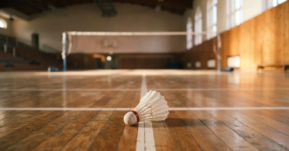 Ein Federball liegt auf dem Boden einer leeren Sporthalle, das Netz verschwimmt im Hintergrund, Licht fällt durch hohe Fenster.