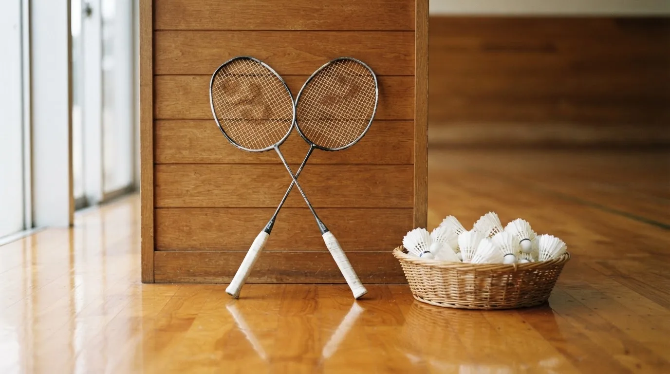 Zwei Badmintonschläger lehnen gekreuzt an einer Hallenwand aus Holz, daneben steht ein Korb mit Federbällen.