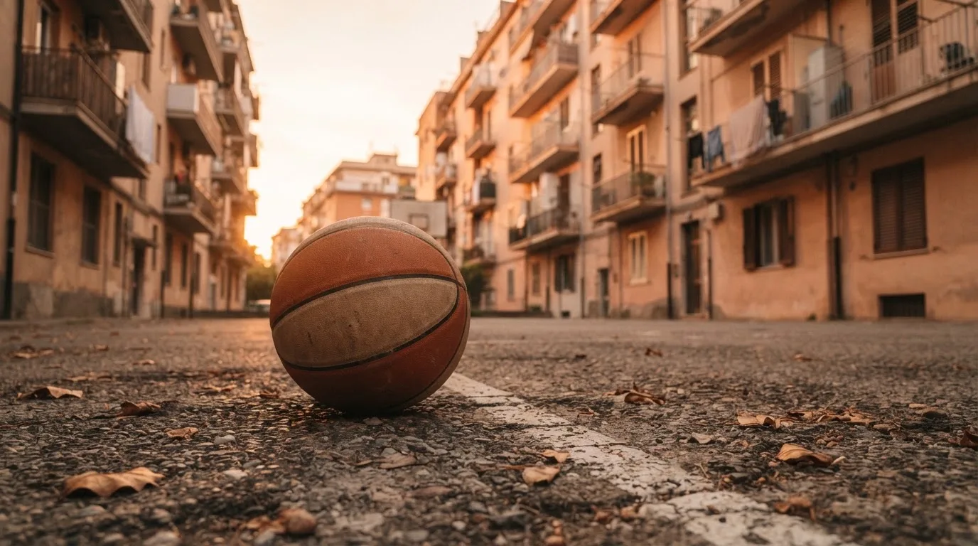 Ein Basketball liegt auf einem Asphaltplatz in einem Hinterhof zwischen Wohnblöcken, das Abendlicht färbt die Wände warm.