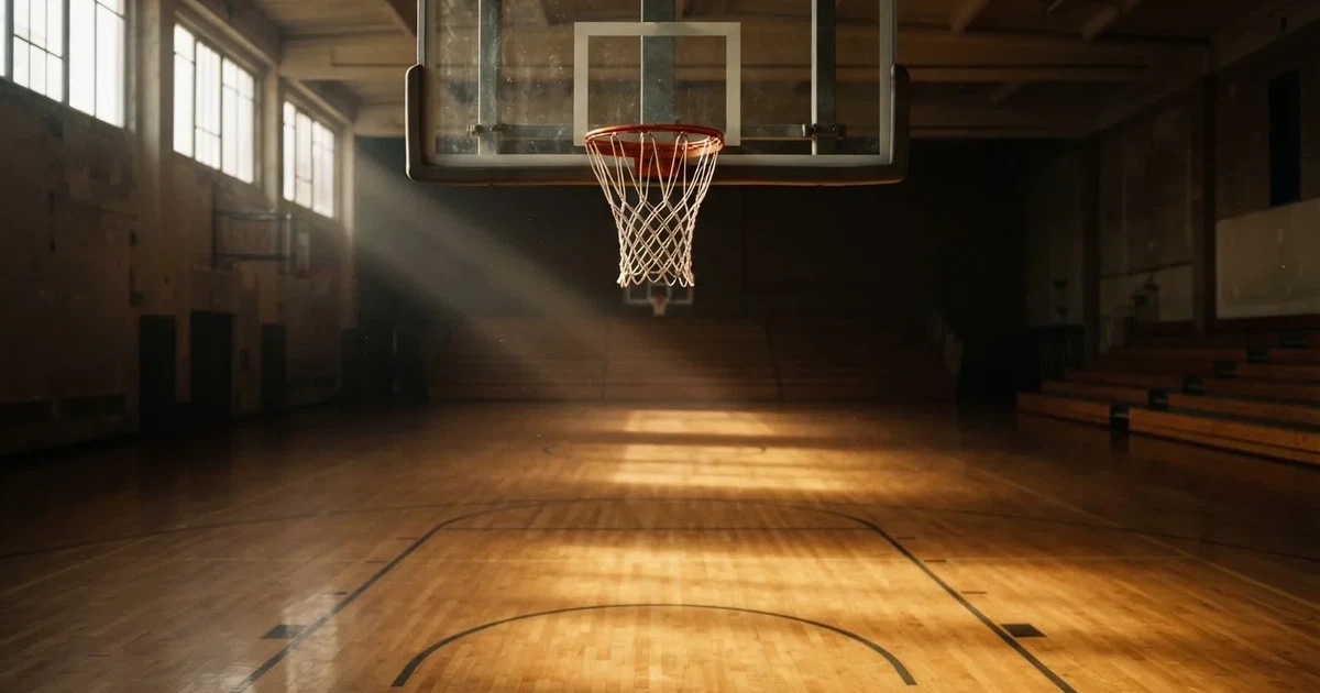 Ein Basketballkorb mit Netz in einer leeren Halle, Licht fällt von hohen Fenstern auf den glänzenden Parkettboden.