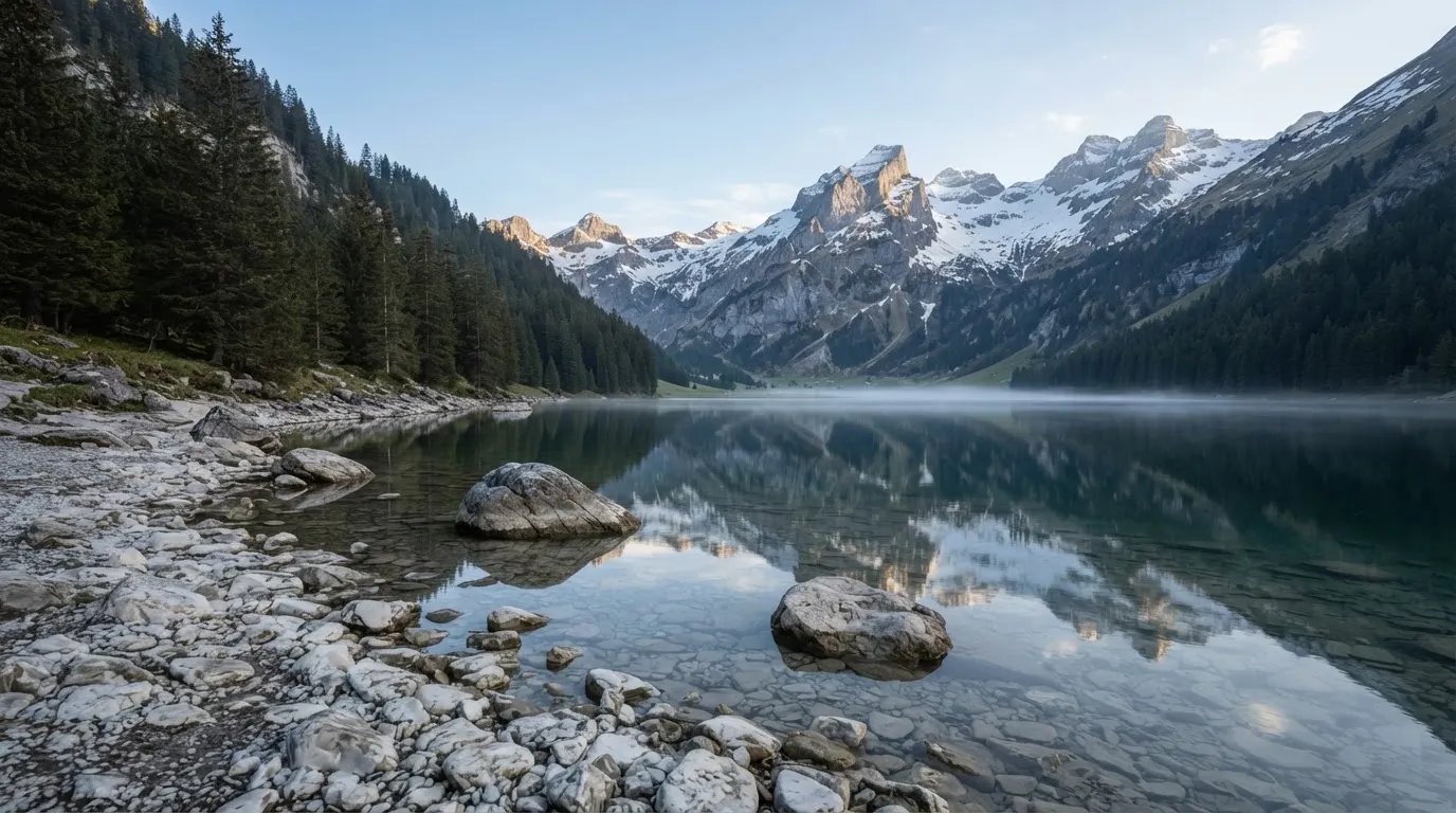 Ein Bergsee mit ruhigem Wasser und Gipfeln im Morgenlicht, am Ufer liegen glatte Steine.