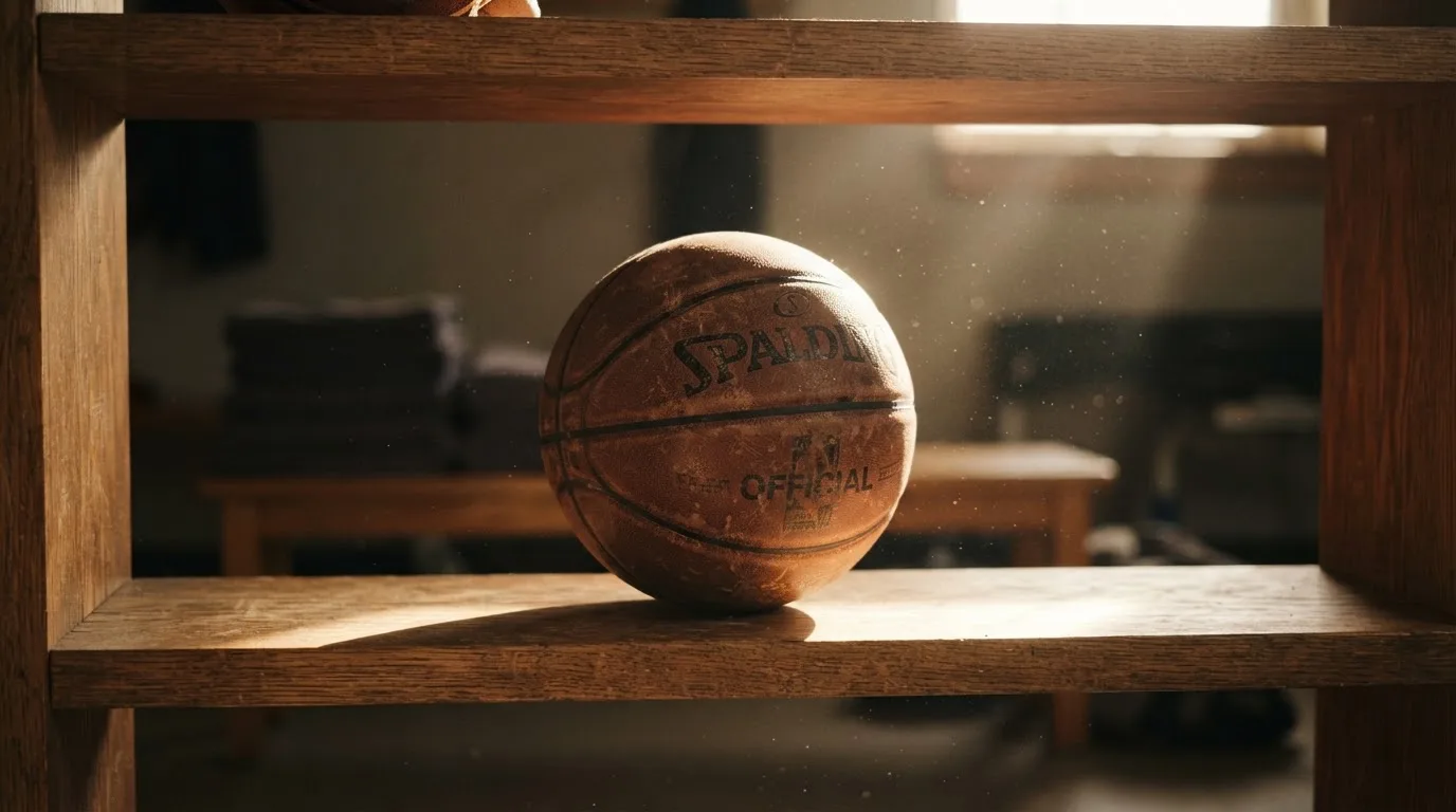 Ein abgenutzter Lederball liegt auf einem Holzregal in einem Vereinsraum, ein Sonnenstrahl macht den Staub sichtbar.